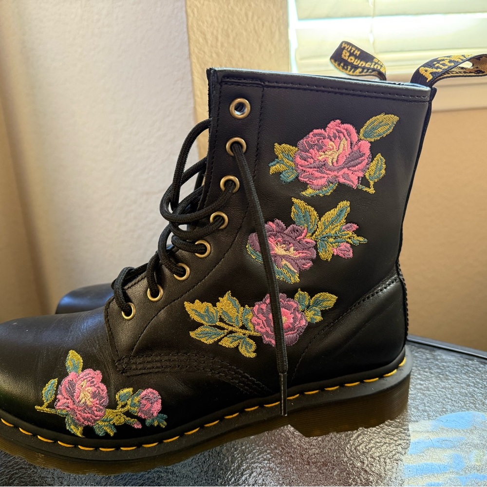 Dr Martens Floral Embroidered Black Combat Boots